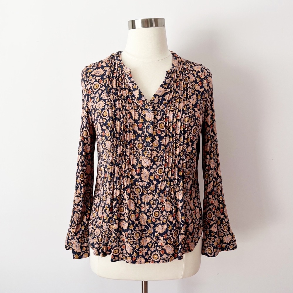 Market & Spruce Blouse Navy Pink‎ Floral Paisley Pintuck Pleated Rayon 1X